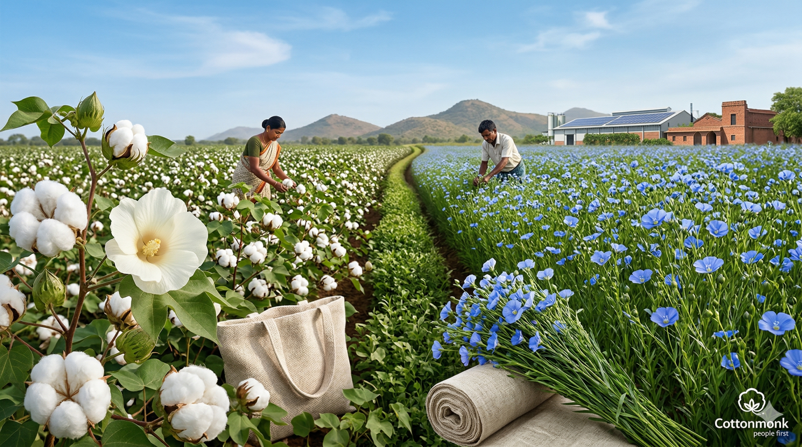 Woman working in Cotton Farm one side and A man working in Linen farm one side