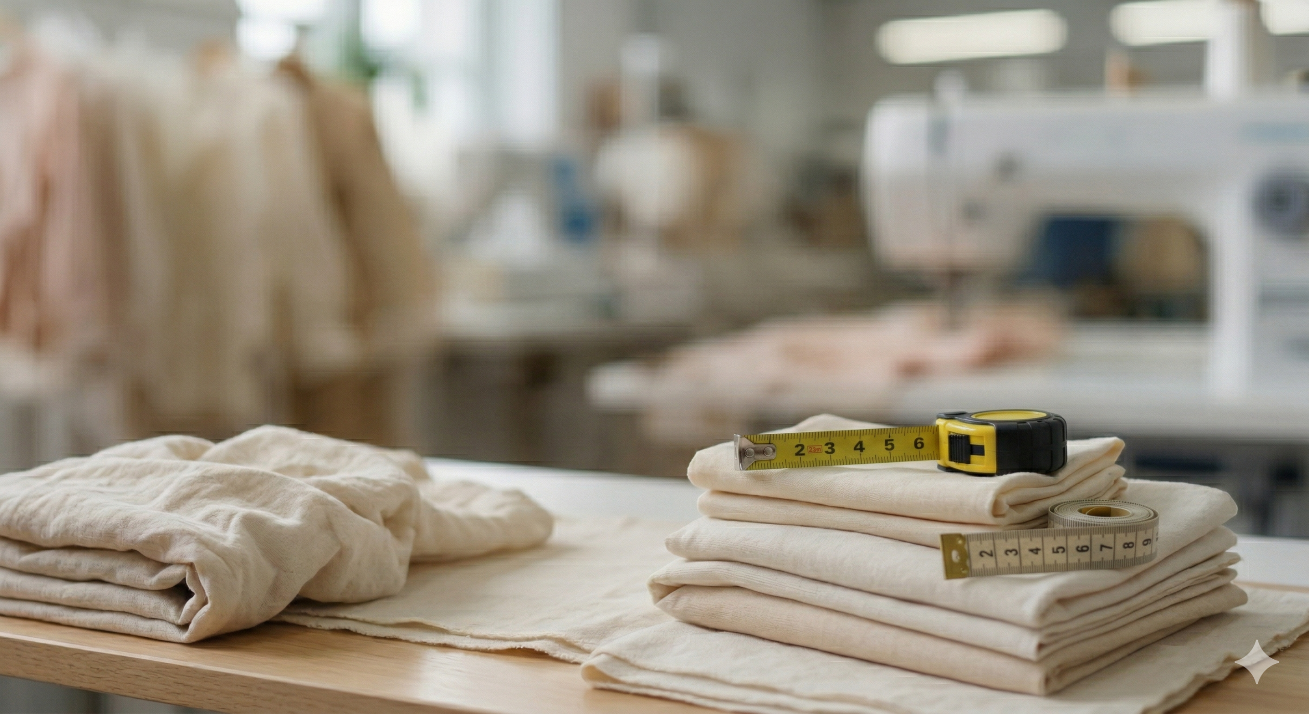 Yellow measuring tape and professional tailor's tape lying on folded organic cotton fabric in a garment manufacturing studio, illustrating kids' clothing measurement standards.