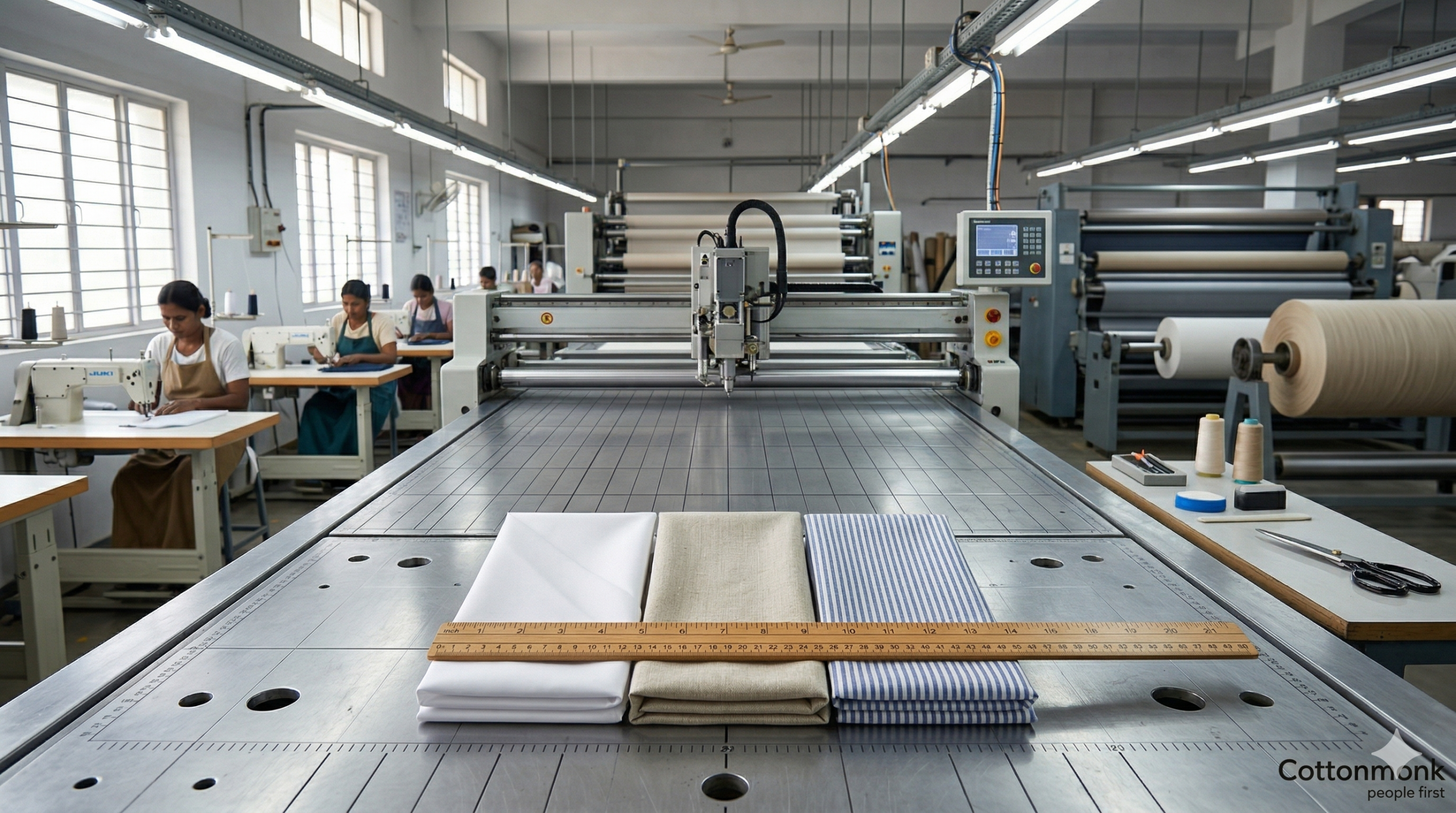 A close-up, high-definition shot showing the texture of three different lightweight fabrics: a crisp white cotton poplin, a natural-colored linen, and a blue seersucker. A professional tailor's ruler is laid across them to show scale