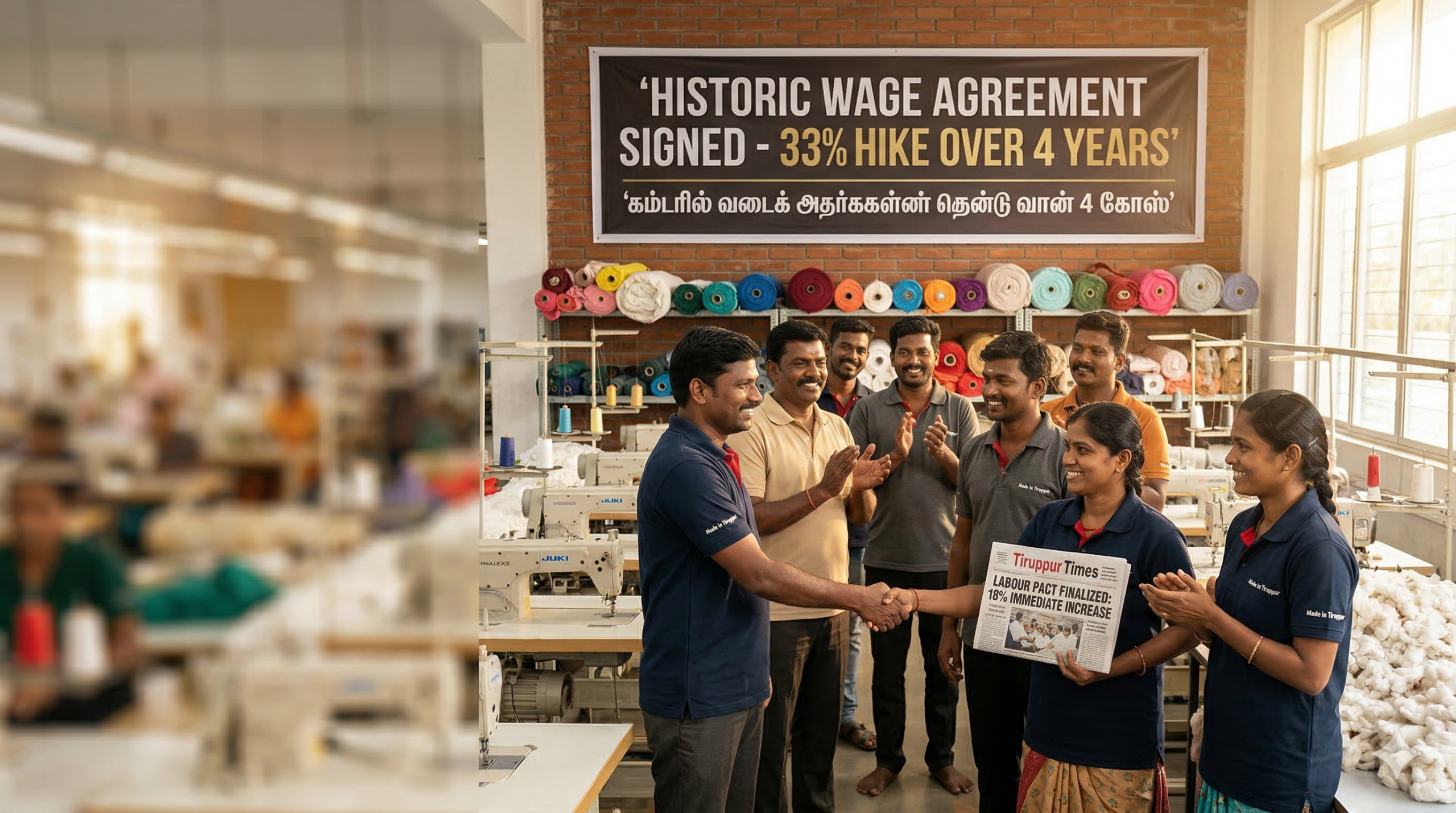 Tiruppur textile workers celebrating the 2026 wage hike agreement with 33% total increase inside a cotton garment factory.