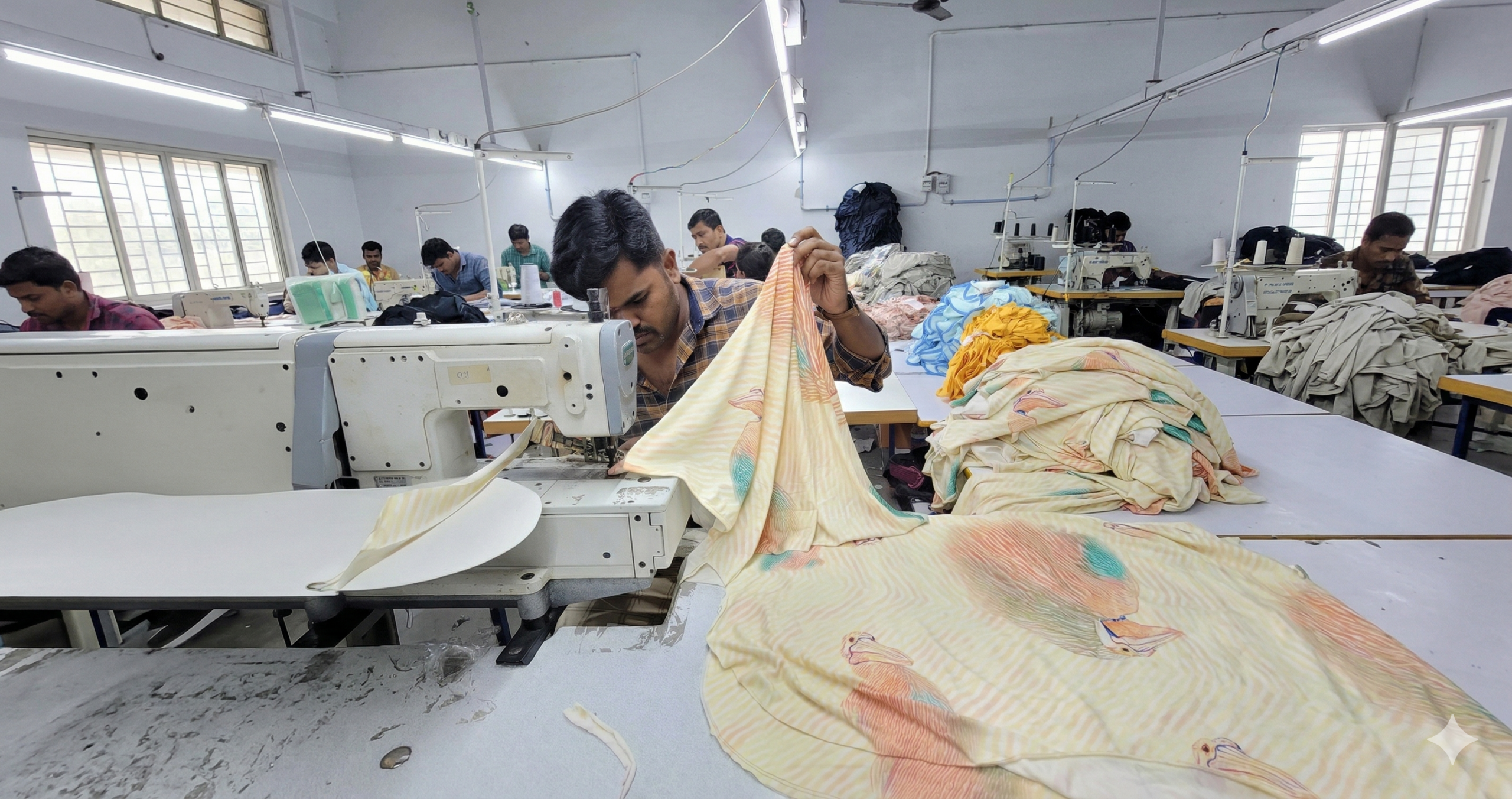 Professional tailor at Cottonmonk stitching a patterned garment on an industrial sewing machine, with a clean and organized bulk production line in the background.