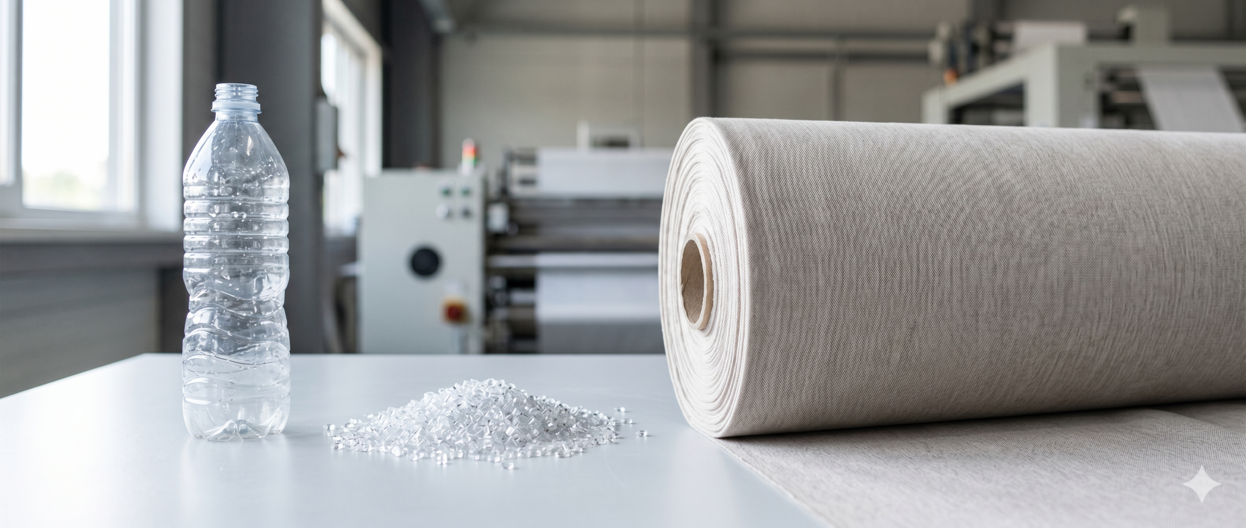 A visual representation of the recycled polyester (rPET) manufacturing process, showing a clear plastic water bottle, recycled plastic chips, and a finished roll of rPET fabric in a modern factory setting.