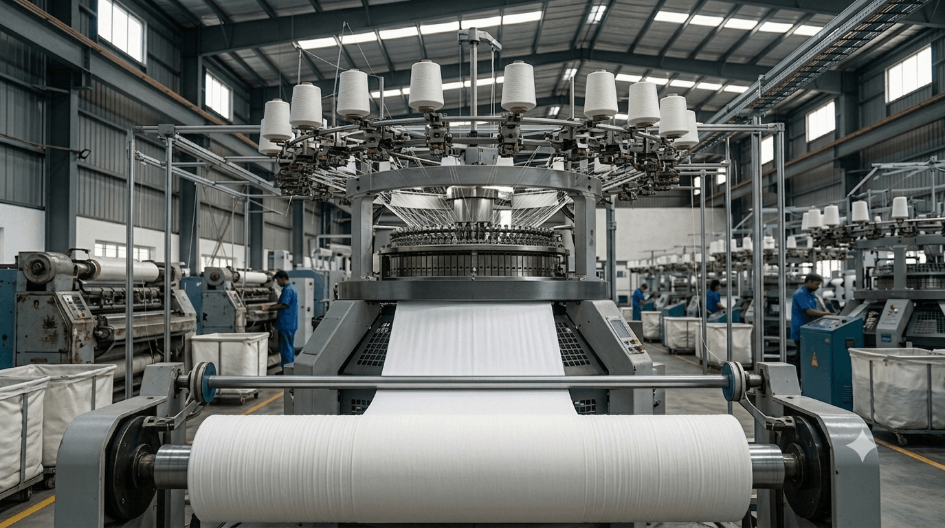 Industrial circular knitting machine configuration creating seamless tubular cotton fabric rolls
