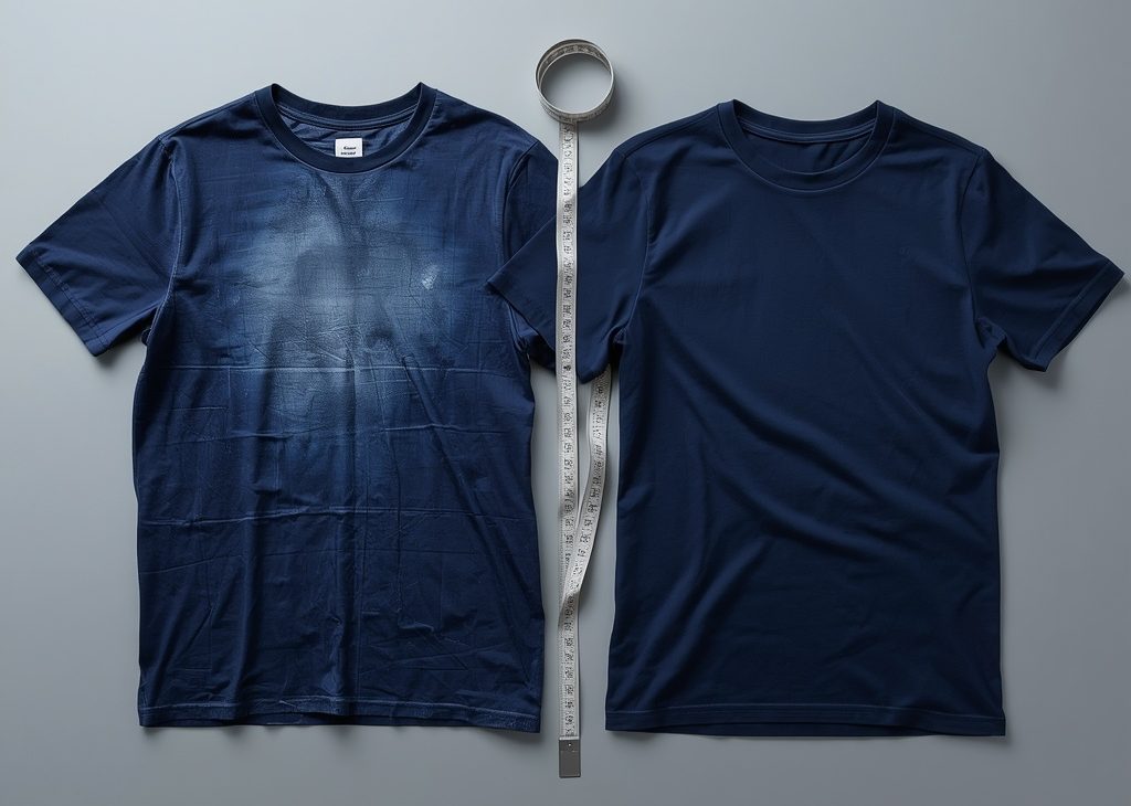 A comparison of apparel manufacturing quality control showing a faded, shrunken navy blue t-shirt alongside a pre-shrunk, colorfast t-shirt measured with a tailor's tape.
