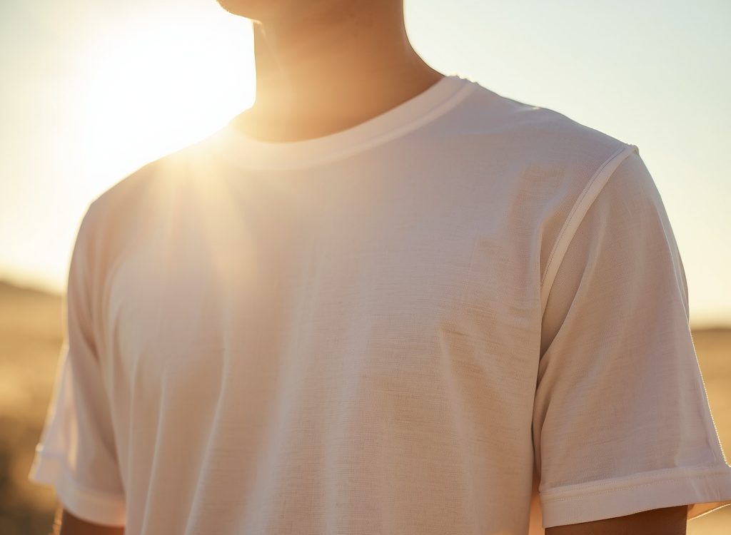 A person wearing a breathable, lightweight white cotton t-shirt outdoors in bright, hot sunlight, demonstrating natural fabric comfort during a heatwave