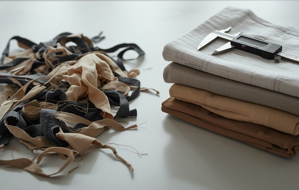 A visual comparison of apparel manufacturing quality, showing a messy pile of fabric scraps next to a neat stack of premium folded fabrics and a digital caliper